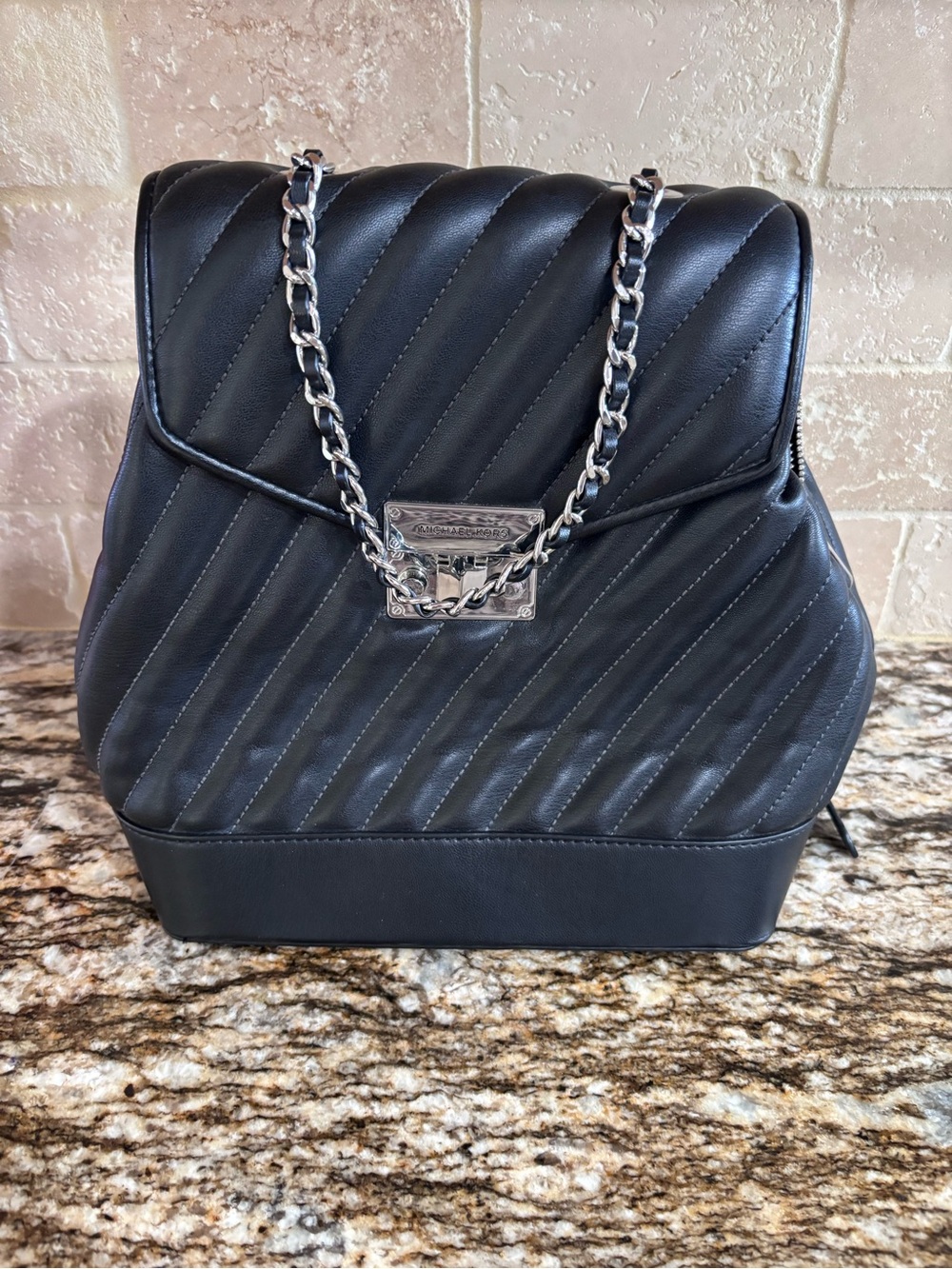 Michael Kors MD Chain Black Quilted Leather Backpack with Silver Hardware - Picture 2 of 7